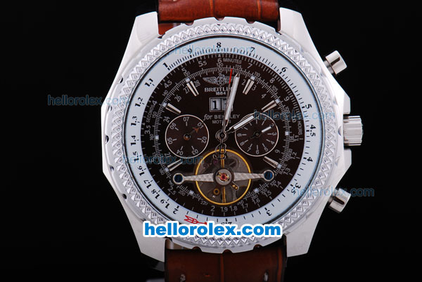 Breitling for Bentley Motors Automatic Tourbillon SS Case with Black Dial and Brown Leather Strap - Click Image to Close