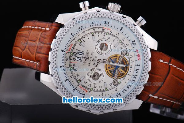 Breitling for Bentley Motors Automatic Tourbillon Stainless Steel Case with White Dial and Brown Leather Strap - Click Image to Close