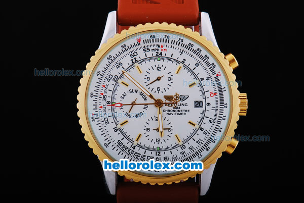 Breitling Navitimer Automatic Movement Gold Bezel with White Dial and Red Rubber Strap - Click Image to Close