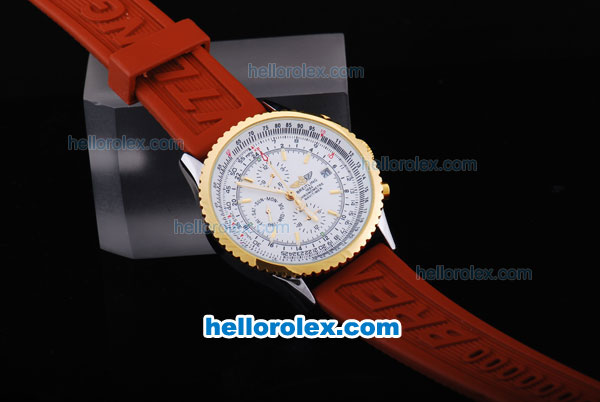 Breitling Navitimer Automatic Movement Gold Bezel with White Dial and Red Rubber Strap - Click Image to Close