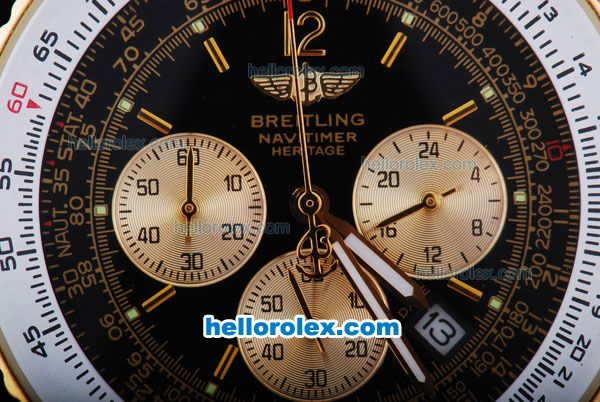 Breitling Navitimer Quartz Working Chronograph Movement Black Dial with Gold Subdials and Stick Marker-Two Tone Strap - Click Image to Close