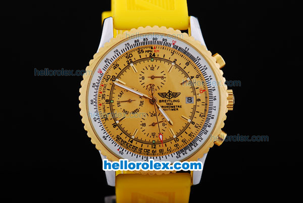 Breitling Navitimer Automatic Movement Gold Bezel with Yellow Dial and Rubber Strap - Click Image to Close