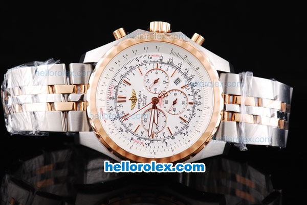 Breitling for bentley Working Chronograph Quartz Movement with White Dial and Rose Gold Bezel-Two Tone Strap - Click Image to Close