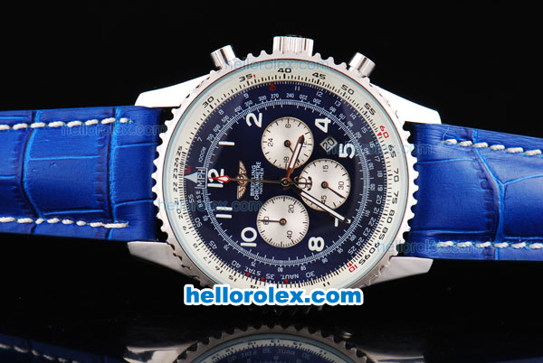 Breitling Navitimer Chronograph Quartz Movement Silver Case with Blue Dial and Blue Leather Strap-Number Markers - Click Image to Close