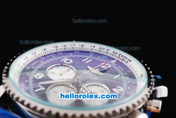 Breitling Navitimer Chronograph Quartz Movement Silver Case with Blue Dial and Blue Leather Strap-Number Markers - Click Image to Close