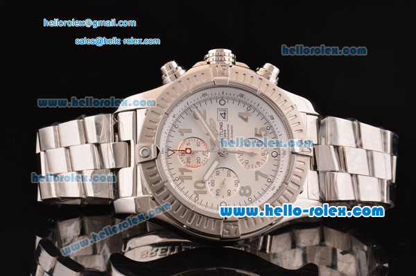 Breitling Super Avenger Chronograph Swiss Valjoux 7750-SHG Automatic Stainless Steel Case with Stainless Steel Strap and White Dial Numeral Markers - Click Image to Close