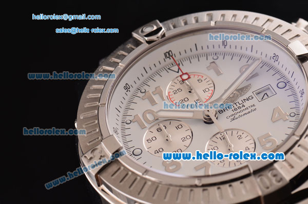 Breitling Super Avenger Chronograph Swiss Valjoux 7750-SHG Automatic Stainless Steel Case with Stainless Steel Strap and White Dial Numeral Markers - Click Image to Close