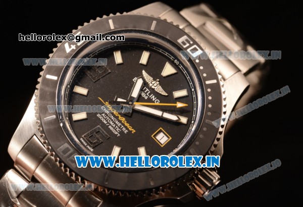 Breitling SuperOcean 44mm 2824 Auto Steel Case with Black Dial and Steel Bracelet Yellow Hands - 1:1 Origianl (GF) - Click Image to Close
