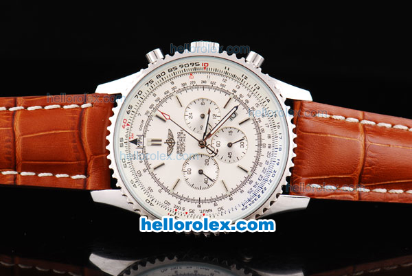 Breitling Navitimer Chronograph Quartz Movement Silver Case with White Dial and Brown Leather Strap-Stick Markers - Click Image to Close