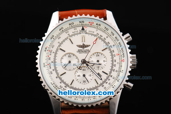 Breitling Navitimer Chronograph Quartz Movement Silver Case with White Dial and Brown Leather Strap-Stick Markers - Click Image to Close