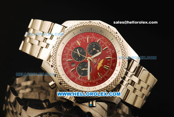 Breitling Bentley Chronograph Quartz Movement Red Dial with Three Small Dial and Silver Case-SS Strap - Click Image to Close