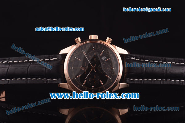 Breitling Transocean Chrono Swiss Valjoux 7750 Automatic Rose Gold Case with Black Dial and Black Leather Strap - Click Image to Close