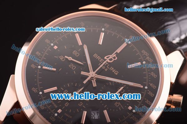 Breitling Transocean Chrono Swiss Valjoux 7750 Automatic Rose Gold Case with Black Dial and Black Leather Strap - Click Image to Close