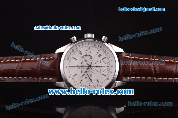 Breitling Transocean Chrono Swiss Valjoux 7750 Automatic Steel Case with White Dial and Brown Leather Strap - Click Image to Close