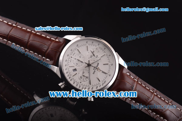 Breitling Transocean Chrono Swiss Valjoux 7750 Automatic Steel Case with White Dial and Brown Leather Strap - Click Image to Close