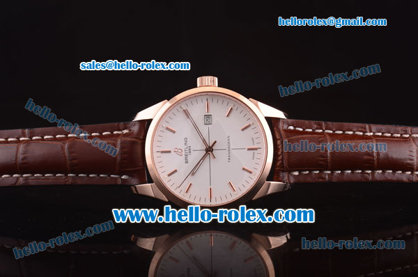 Breitling Transocean Asia 2892 Automatic Rose Gold Case with White Dial and Brown Leather Strap - Click Image to Close