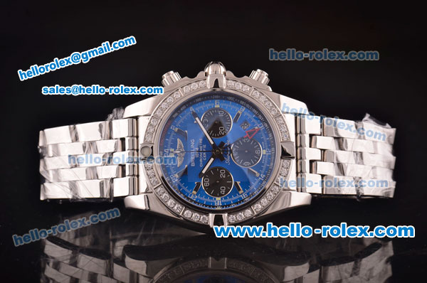 Breitling Chronomat B01 GMT Swiss Valjoux 7750 Automatic Steel Case/Strap with Diamond Bezel and Blue Dial - Click Image to Close