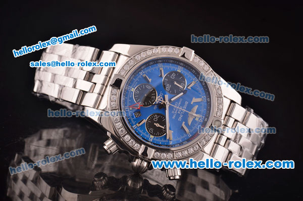 Breitling Chronomat B01 GMT Swiss Valjoux 7750 Automatic Steel Case/Strap with Diamond Bezel and Blue Dial - Click Image to Close