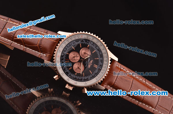 Breitling Navitimer Automatic Movement Rose Gold Case with Black Dial and Brown Leather Strap - Click Image to Close