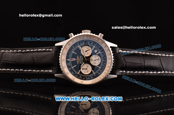 Breitling Navitimer Chronograph Quartz Movement Black Dial with Silver Stick Marking and Three Small Dials-Black Leather Strap - Click Image to Close