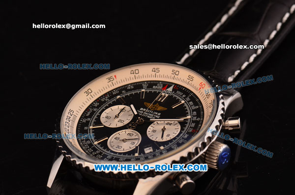 Breitling Navitimer Chronograph Quartz Movement Black Dial with Silver Stick Marking and Three Small Dials-Black Leather Strap - Click Image to Close