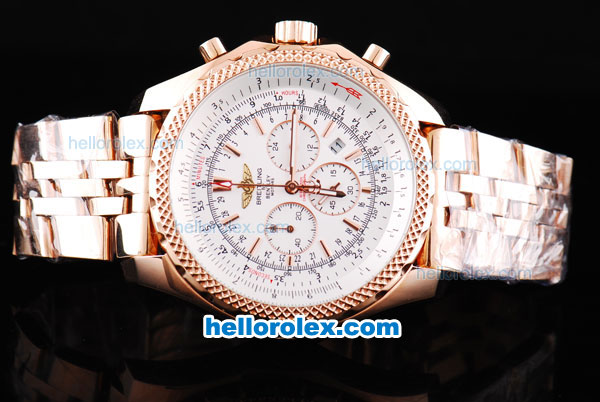 Breitling For Bentley Chronograph Quartz Movement with White Dial and Rose Gold Honeycomb Bezel-Gold band - Click Image to Close