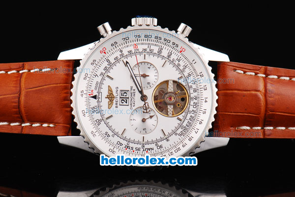 Breitling Navitimer Tourbillon Automatic Movement Silver Case with White Dial and Brown Leather Strap-Stick Markers - Click Image to Close