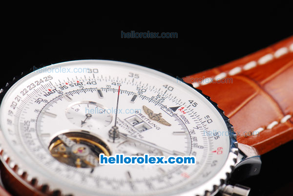 Breitling Navitimer Tourbillon Automatic Movement Silver Case with White Dial and Brown Leather Strap-Stick Markers - Click Image to Close