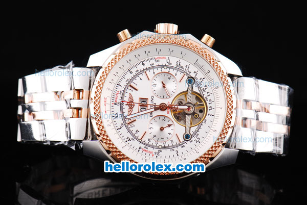 Breitling For Bentley Tourbillon Automatic with White Dial and Honeycomb Bezel-Two Tone Strap - Click Image to Close
