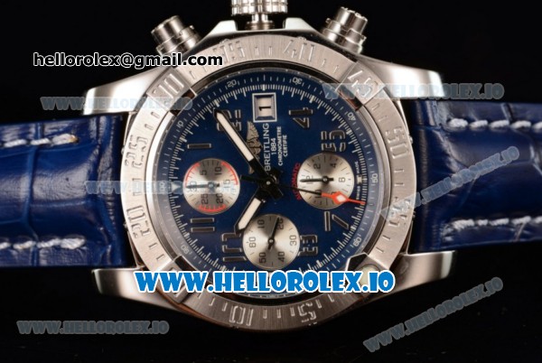 Breitling Super Avenger II 7705 Automatic Steel Case with Blue Dial Arabic Numeral Markers and Genuine Leather Strap (GF) - Click Image to Close