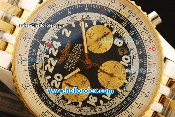 Breitling Navitimer Swiss Valjoux 7750 Automatic Steel Case with Black Dial and Gold Bezel-Two Tone Strap - Click Image to Close