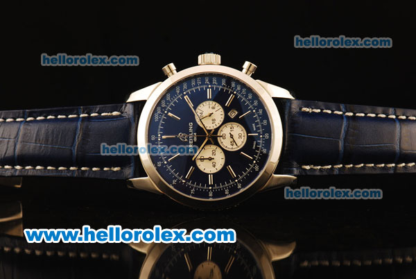 Breitling Transocean Chronograph Quartz Steel Case with Black Dial-Dark Blue Leather Strap - Click Image to Close