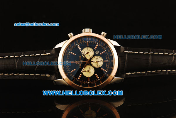 Breitling Transocean Chronograph Quartz Steel Case with Rose Gold Bezel and Black Dial - Click Image to Close