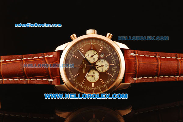 Breitling Transocean Chronograph Quartz Rose Gold Case with Brown Dial and Brown Leather Strap - Click Image to Close