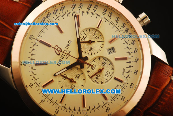 Breitling Transocean Chronograph Quartz Steel Case with Rose Gold Bezel and White Dial-Brown Leather Strap - Click Image to Close