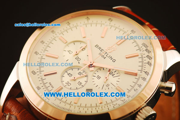 Breitling Transocean Chronograph Quartz Steel Case with Rose Gold Bezel and White Dial-Brown Leather Strap - Click Image to Close