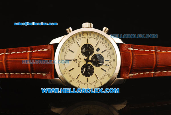 Breitling Transocean Chronograph Quartz Steel Case with White Dial and Silver Markers-Brown Leather Strap - Click Image to Close