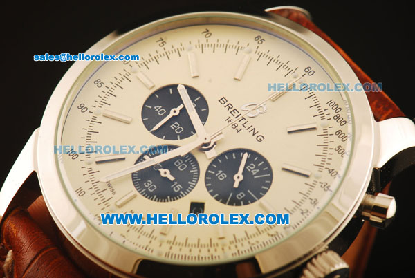 Breitling Transocean Chronograph Quartz Steel Case with White Dial and Silver Markers-Brown Leather Strap - Click Image to Close