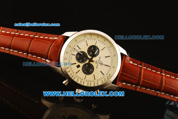 Breitling Transocean Chronograph Quartz Steel Case with White Dial and Silver Markers-Brown Leather Strap - Click Image to Close
