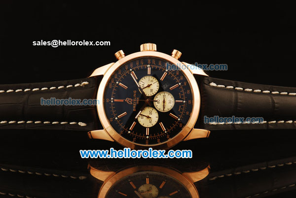 Breitling Transocean Chronograph Quartz Rose Gold Case with Black Dial and Black Leather Strap - Click Image to Close