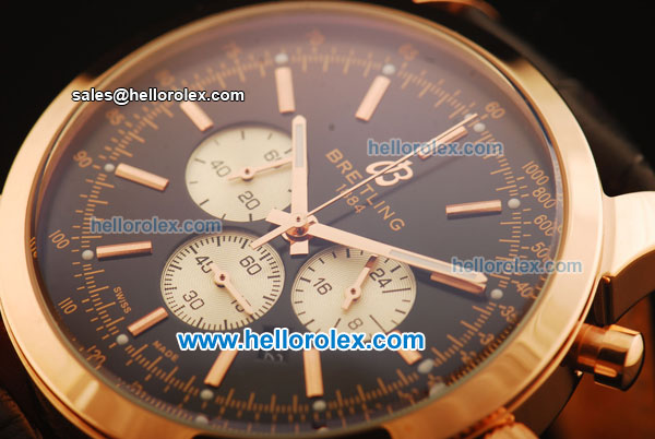 Breitling Transocean Chronograph Quartz Rose Gold Case with Black Dial and Black Leather Strap - Click Image to Close