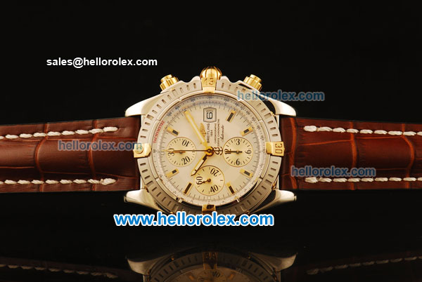 Breitling Chronomat Evolution Swiss Valjoux 7750 automatic Two Tone Case with White Dial and Brown Leather Strap - Click Image to Close