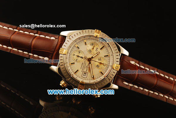 Breitling Chronomat Evolution Swiss Valjoux 7750 automatic Two Tone Case with White Dial and Brown Leather Strap - Click Image to Close