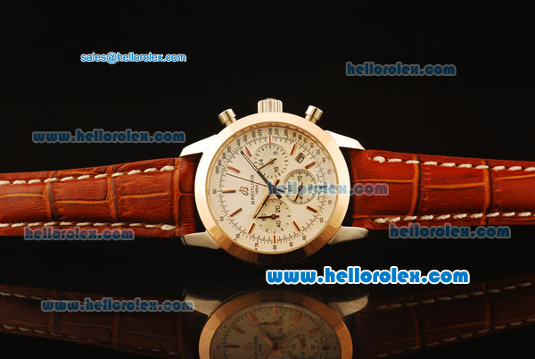 Breitling Transocean Quartz Steel Case with Rose Gold Bezel and White Dial-Brown Leather Strap - Click Image to Close