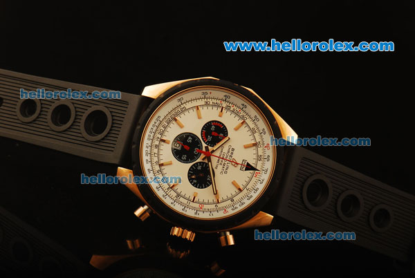 Breitling Chronomatic Chronograph Quartz Rose Gold Case with White Dial and Black Rubber Strap-PVD Bezel - Click Image to Close