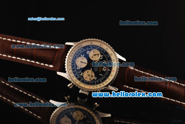 Breitling Navitimer Swiss Valjoux 7750 Automatic Steel Case with Blue Dial and Brown Leather Strap - Click Image to Close