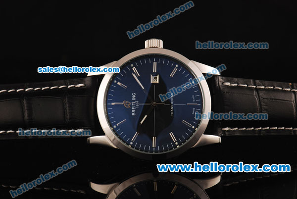 Breitling Transocean Automatic Steel Case with Blue Dial and Black Leather Strap - Click Image to Close