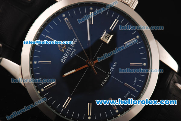 Breitling Transocean Automatic Steel Case with Blue Dial and Black Leather Strap - Click Image to Close