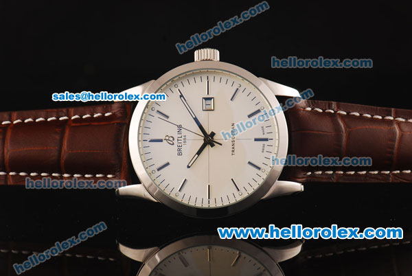 Breitling Transocean Automatic Steel Case with White Dial and Brown Leather Strap - Click Image to Close