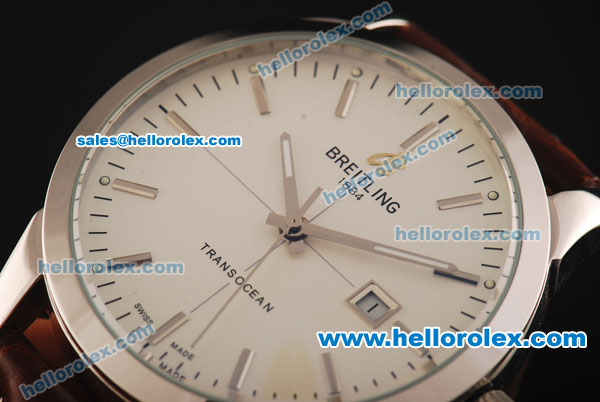Breitling Transocean Automatic Steel Case with White Dial and Brown Leather Strap - Click Image to Close